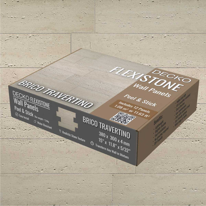 DECKO <b>Flexistone </b>hajlékony kőpanelek – <b>BRICO TRAVERTINO</b> – 12 Darabos Doboz, Egymásba Illeszkedő, Öntapadós Panelek