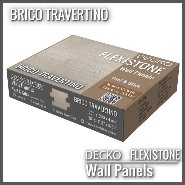 DECKO <b>Flexistone </b>hajlékony kőpanelek – <b>BRICO TRAVERTINO</b> – 12 Darabos Doboz, Egymásba Illeszkedő, Öntapadós Panelek
