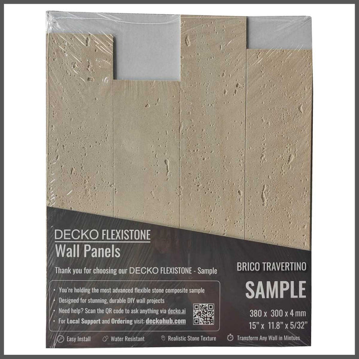 DECKO <b>Flexistone </b>hajlékony kőpanelek – <b>BRICO TRAVERTINO</b> – 12 Darabos Doboz, Egymásba Illeszkedő, Öntapadós Panelek