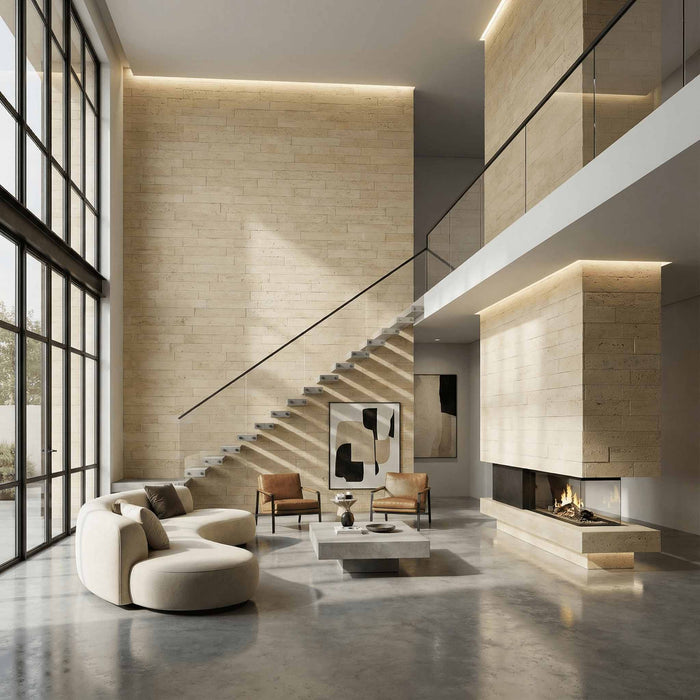 Hajlékony 3D kőhatású falpanelek – <b>BRICO TRAVERTINO</b> – 12 db egymásba illeszkedő, öntapadós panel egy dobozban – 1,08 m² | DECKO FlexiStone